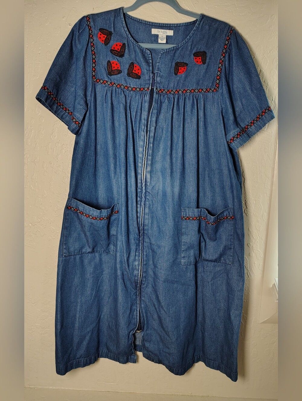 Go Softly Patio Denim Lounger Dress Embroidered With Ladybugs Size M